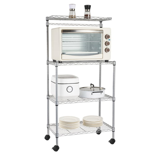 Ktaxon 4-Tier Kitchen Baker's Rack Rolling Microwave Oven Stand Utility Kitchen Cart Island with Storage Shelves， Silver Finish