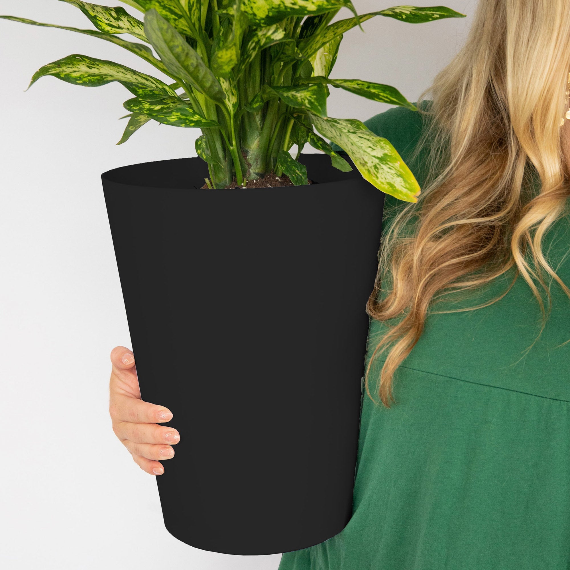 Bloem Tall Finley Tapered Round Planter: 14" - Black - Matte Textured Finish, 100% Recycled Plastic Pot, For Indoor and Outdoor Use, Gardening, 4 Gallon Capacity