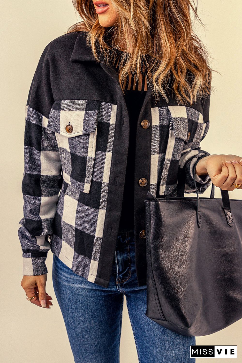 Black Plaid Patchwork Pockets Buttoned Shirt Jacket