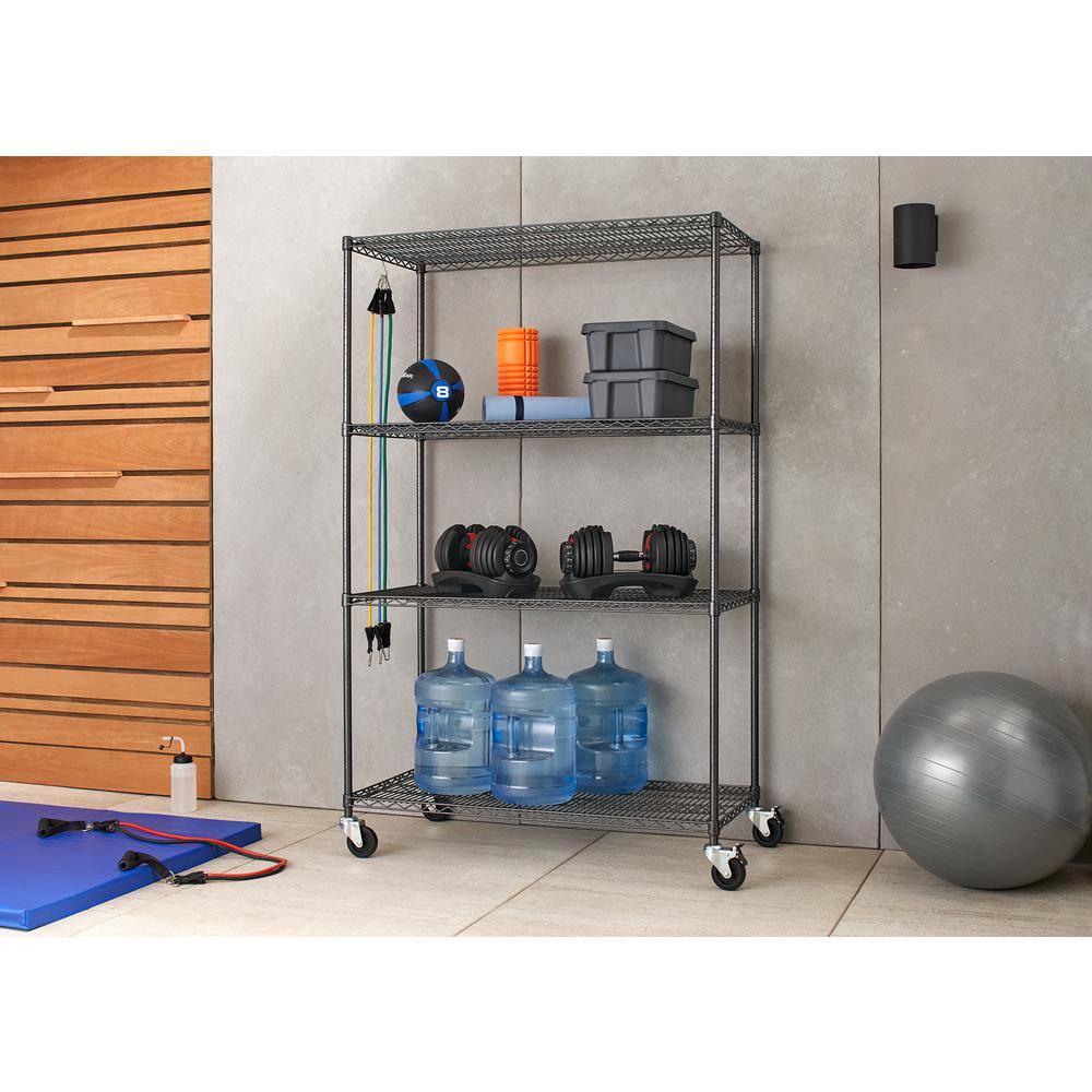 TRINITY PRO Black 4-Tier Rolling Steel Wire Garage Storage Shelving Unit (48 in. W x 77 in. H x 24 in. D) TBFPBA-0925