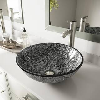 VIGO Glass Round Vessel Bathroom Sink in Titanium Gray with Seville Faucet and Pop-Up Drain in Brushed Nickel VGT827