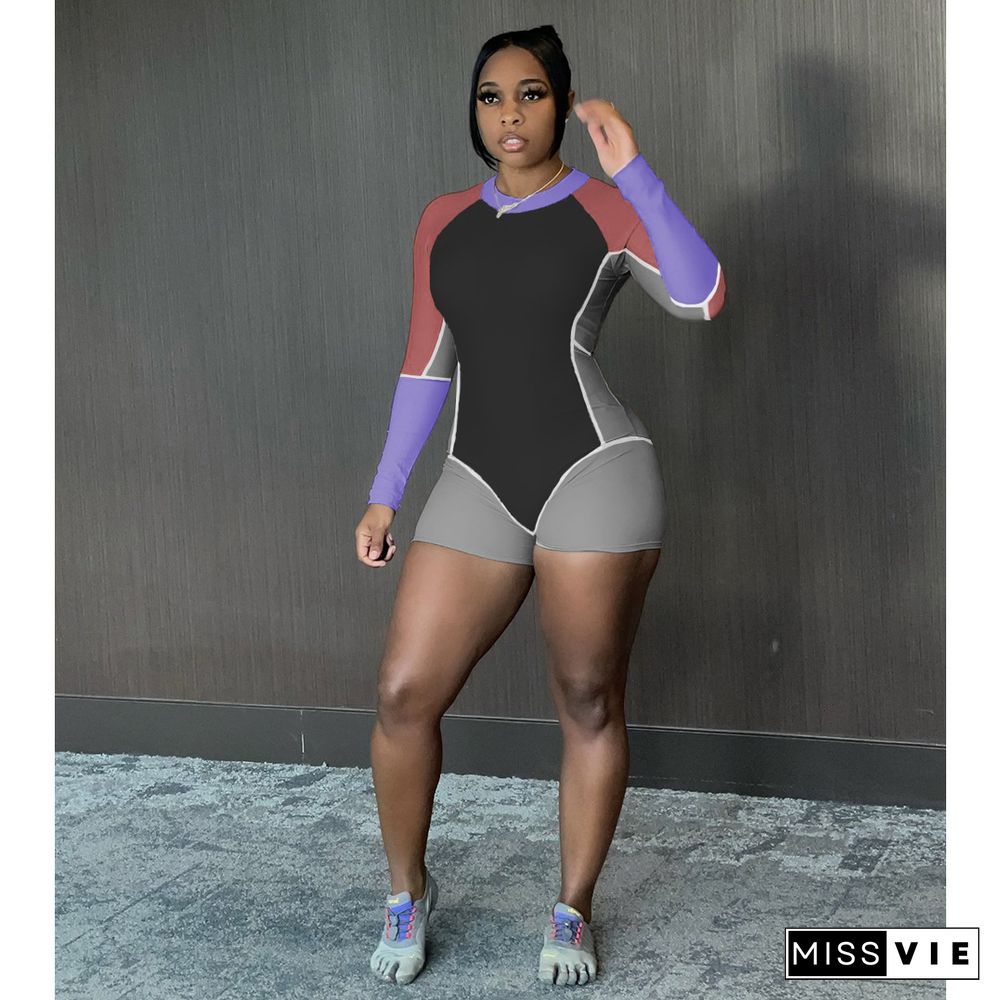 Autumn Color Block Patchwork O-Neck Long Sleeve Stretch Bodycon Sportswear Fitness Rompers