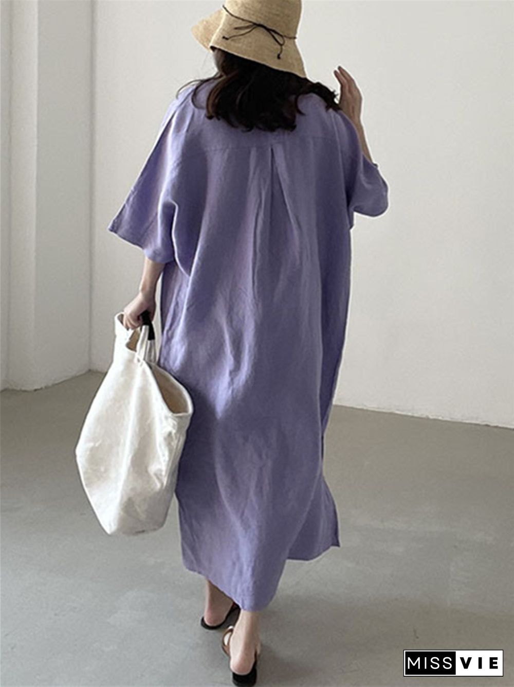 Simple Cotton Linen Dress Loose Short Sleeve Long Shirt Skirt