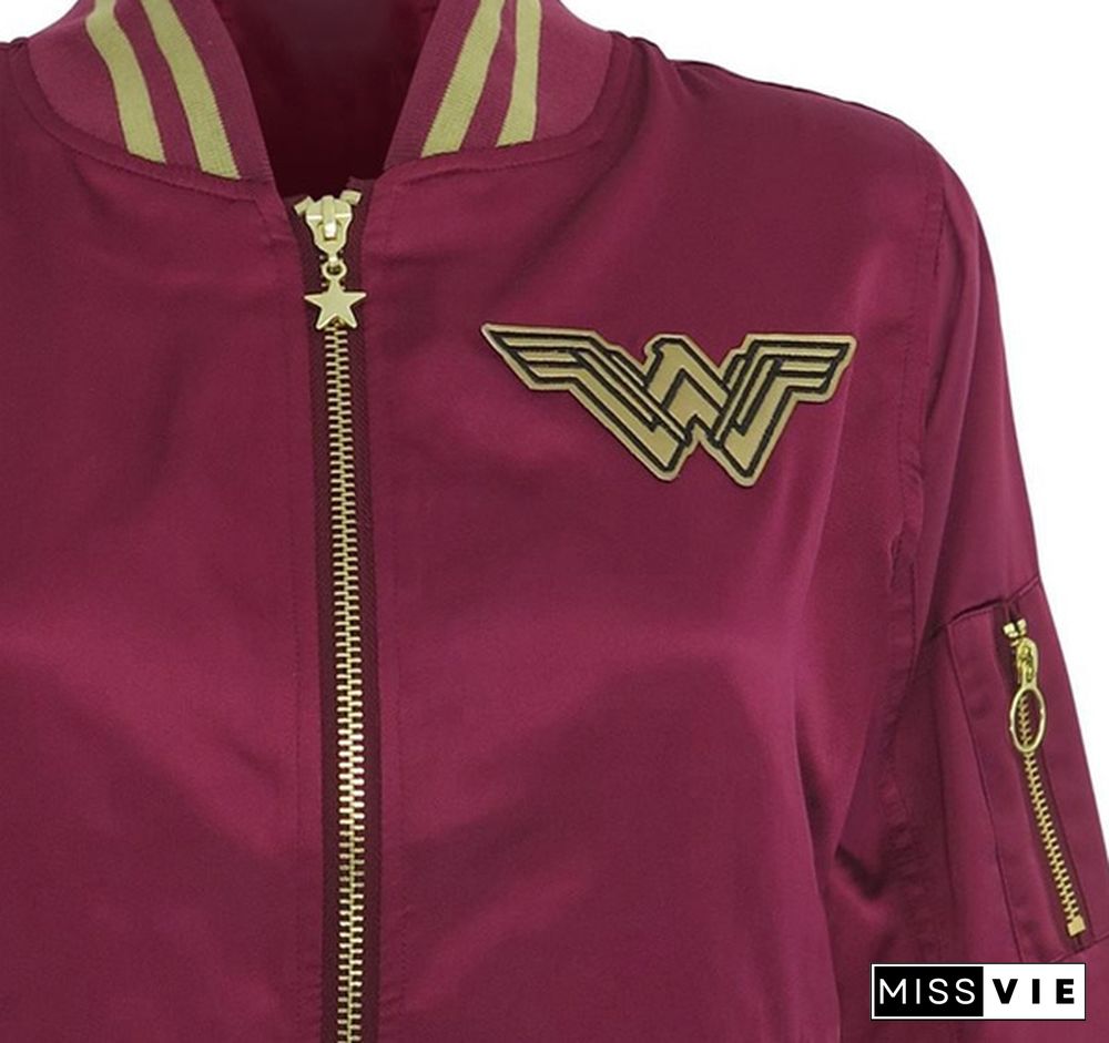 Wonder Woman Bomber Jacket Autumn and Winter Women's Classic Solid Zip Up Jacket Wind Coat