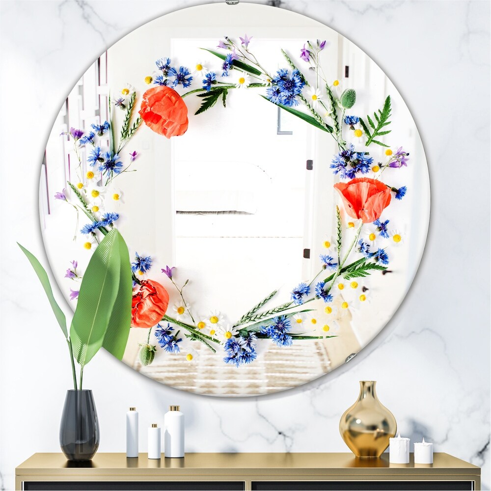 Designart 'Orange and Blue Flowers' Printed Cabin and Lodge Round Decorative Mirror   Red