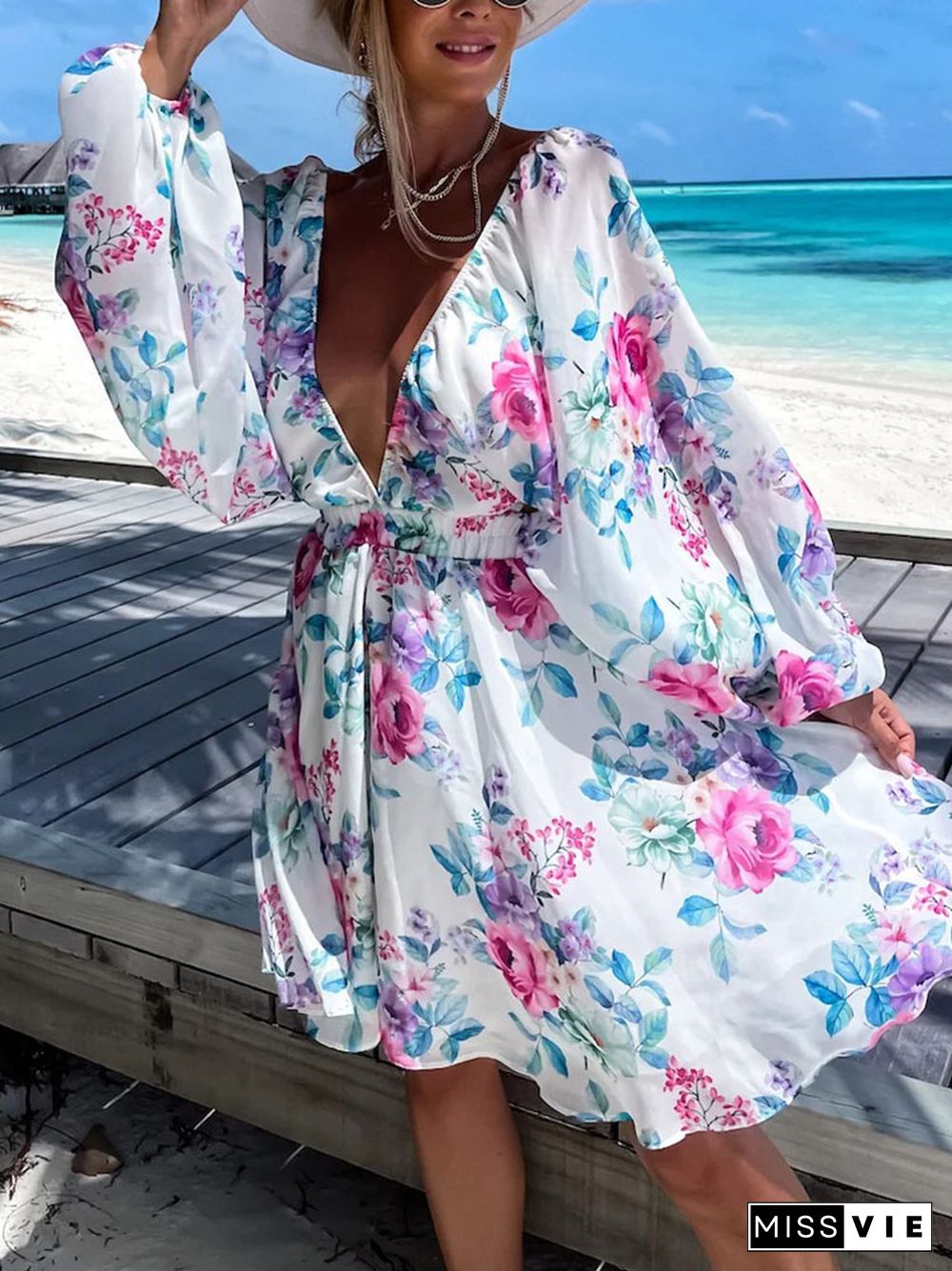 Fashion Deep V Waist Beach Holiday Mini Dress Sexy Hollow Backless Long Sleeve Dress Women Elegant Floral Printing Chiffon Dress