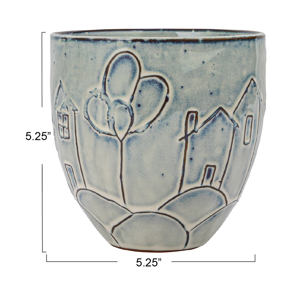 Debossed Stoneware Planter with House and Balloons Design   5.3\