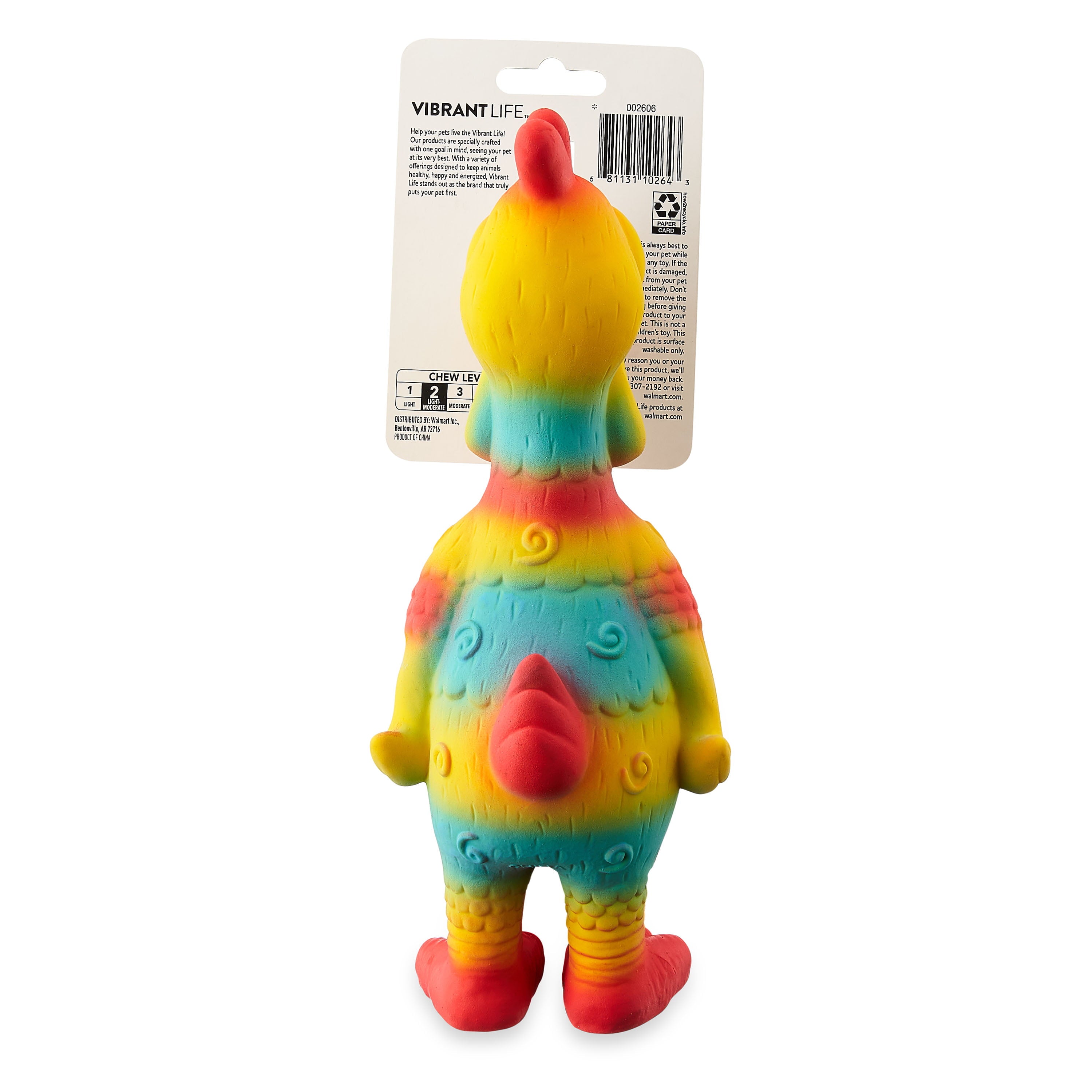 Vibrant Life Playful Buddy Tie Dye Chicken Dog Toy， Chew Level 2， with Squeaker.