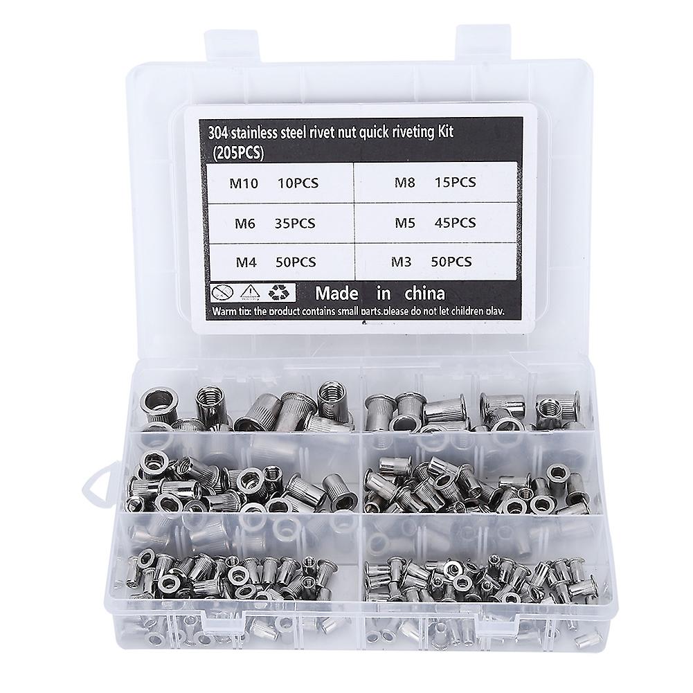 205pcs M3-m10 Stainless Steel Rivet Nut Quick Riveting Assortment Kit With Transparent Box