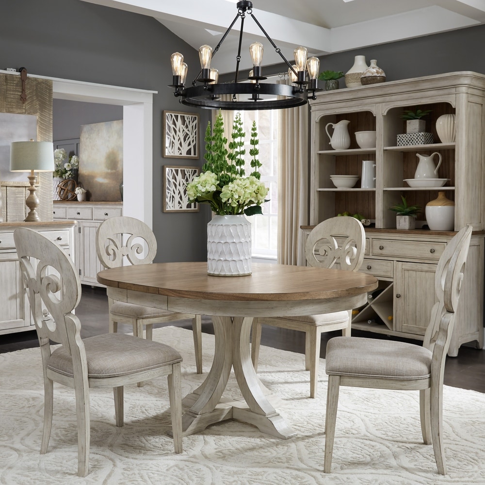 Farmhouse Reimagined Antique White 5 Piece Pedestal Table Set