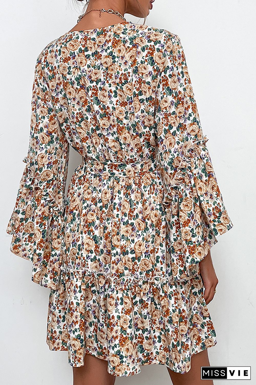 V Neck Floral Flare Sleeves Ruffle Dress