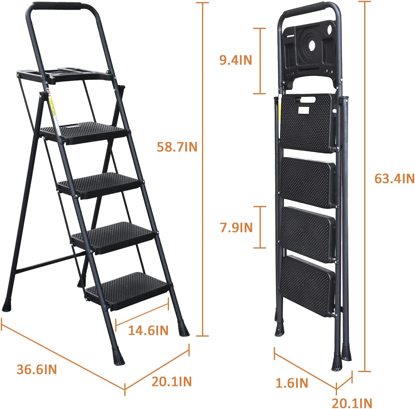 4 Step Ladder, HBTower Folding Step Stool with Tool Platform, Wide Anti-Slip Pedal, Sturdy Steel Ladder, Convenient Handgrip, Lightweight 330lbs Portable Steel Step Stool, Black