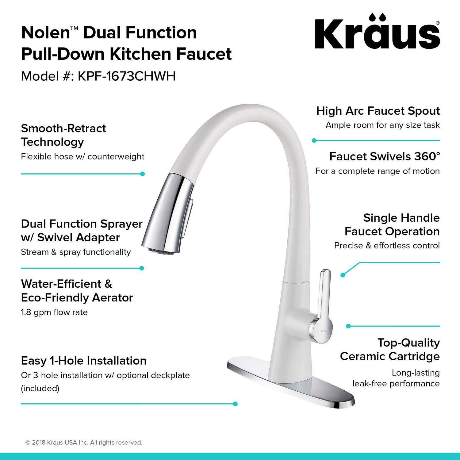 KRAUS Nolen Dual Function Pull-Down Kitchen Faucet， Chrome/White Finish