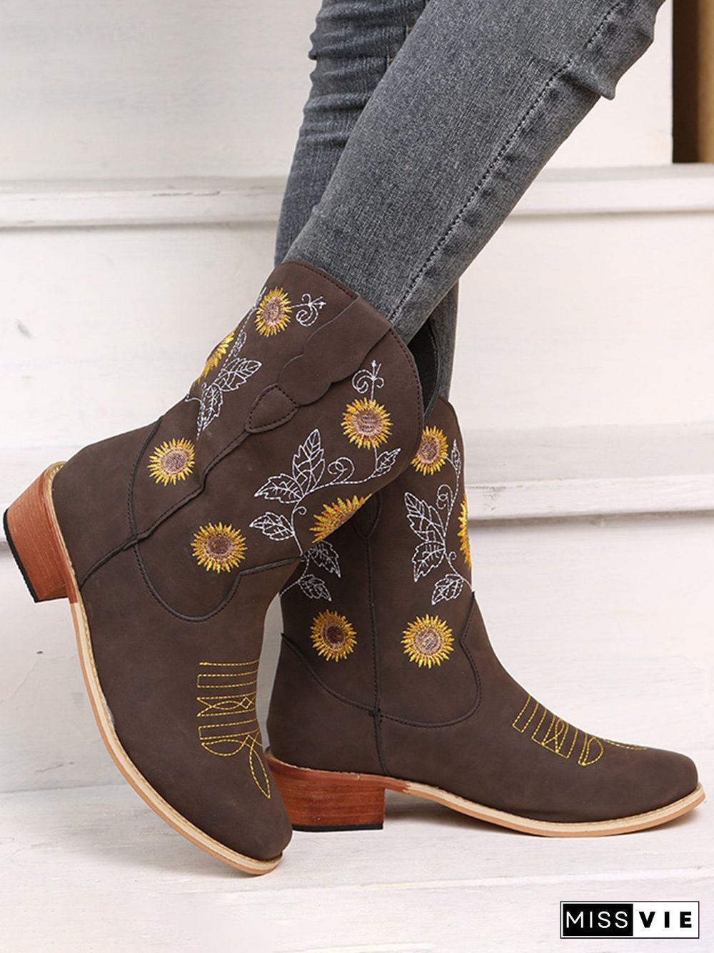 Sunflower Embroidery Boho Cowboy Boots