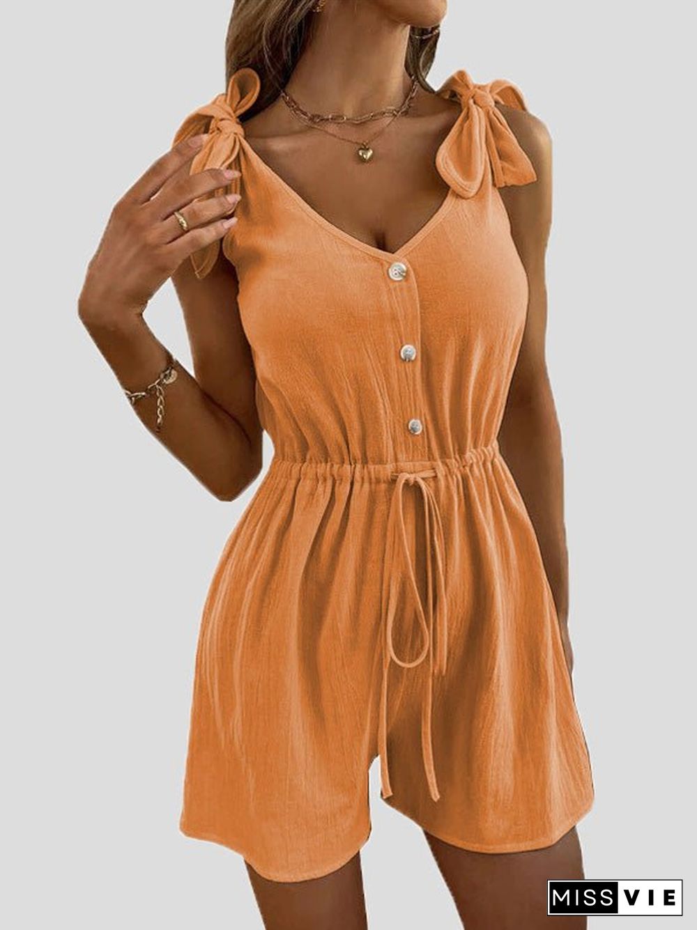 Women'S Jumpsuits Solid V-Neck Button Belted Jumpsuit