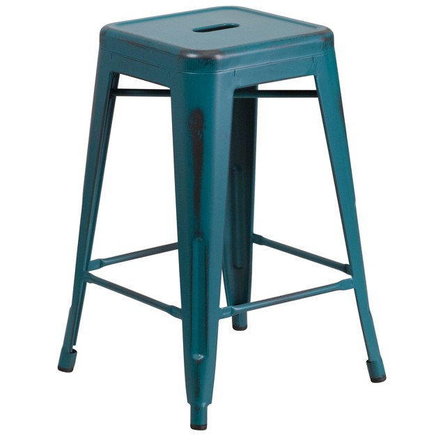 Emma And Oliver Commercial Grade 24 quot h Backless Distressed Metal Indoor outdoor Counter Stool