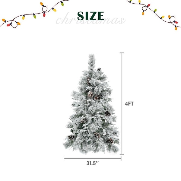 4/6/7.5FT PreLit Spruce Snow Flocked Christmas Tree，PE and PVC Artificial Lighted Xmas Tree with Cones，11 Flashing Modes