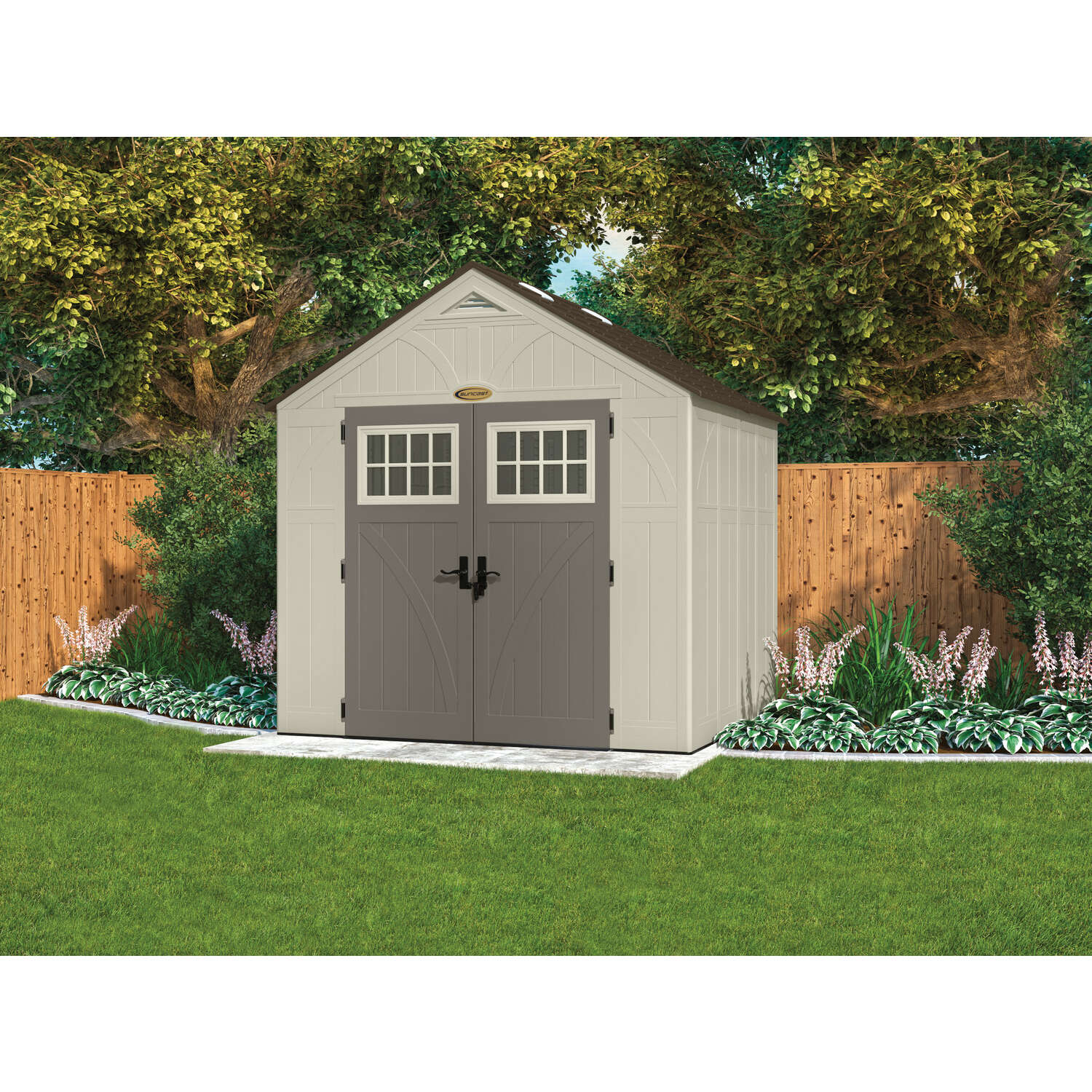 Suncast Tremont 8 ft. x 7 ft. Resin Vertical Peak Storage Shed with Floor Kit