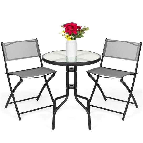 3Piece Patio Bistro Dining Furniture Set w/Textured Glass Tabletop，2 Folding Chairs，Steel Frame，Polyester Fabric