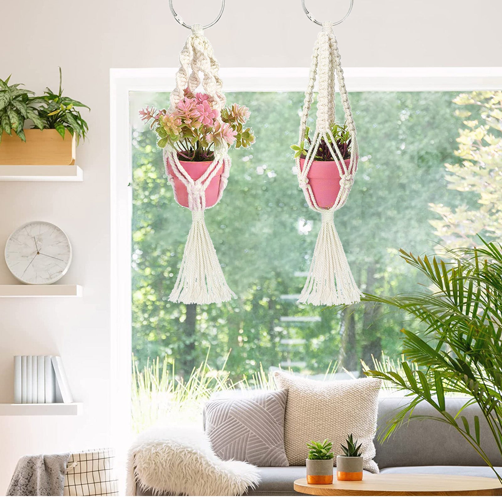 EEEkit 2pcs Mini Macrame Plant Hangers with Hooks, Cute Hanging Rearview Mirror Charms, Small Hanging Car Plant Stands, Cotton Rope Planter Baskets, Decorative Flower Pot Holders