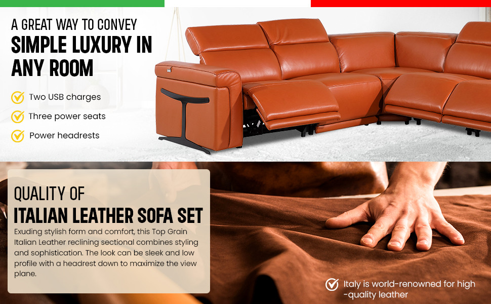 Giovanni 5 Piece 3 Power Reclining Italian Leather Sectional   Contemporary   Sectional Sofas   by Luxuriant Furniture  Houzz