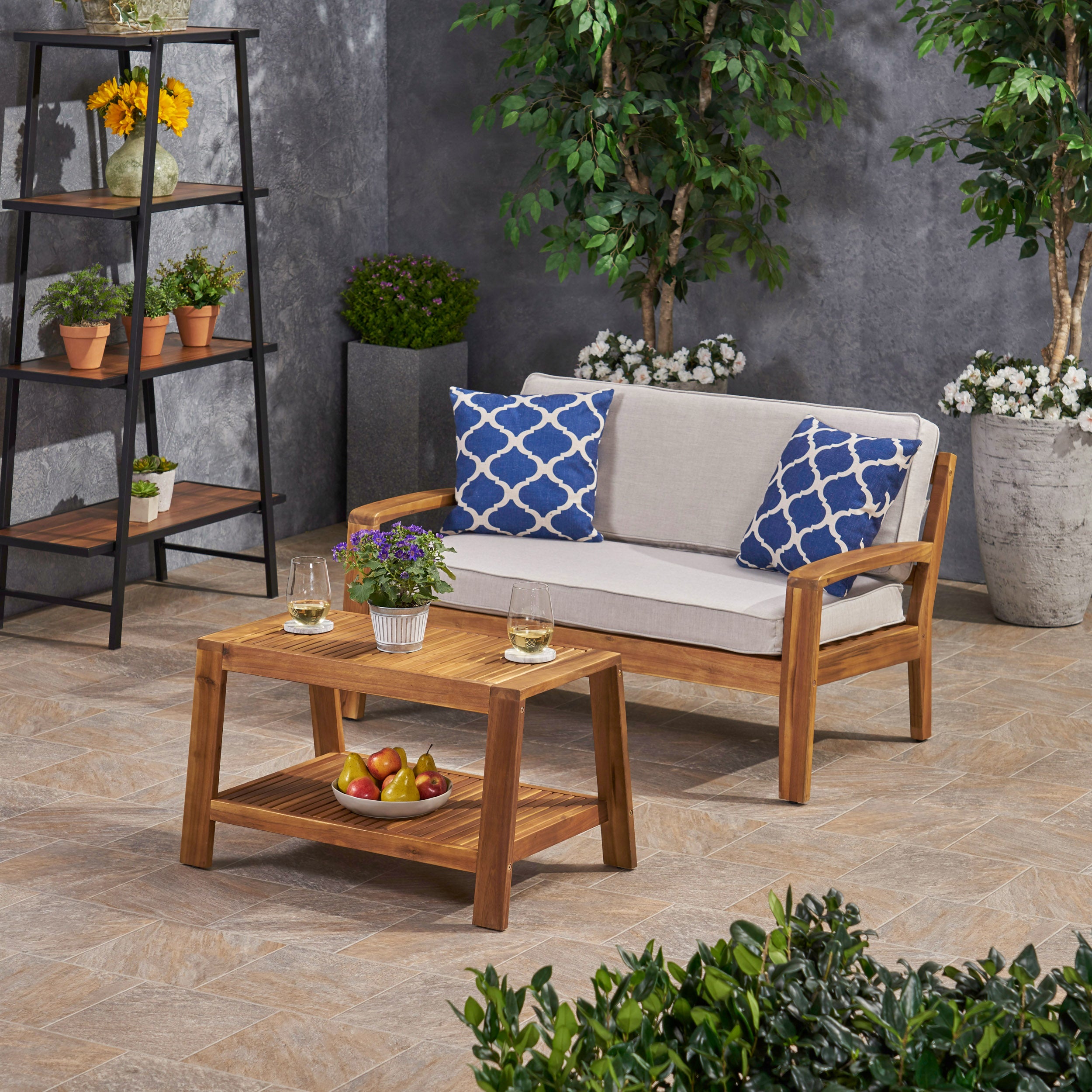 Parma Outdoor Acacia Wood Loveseat and Coffee Table Set with Sunbrella Cushions