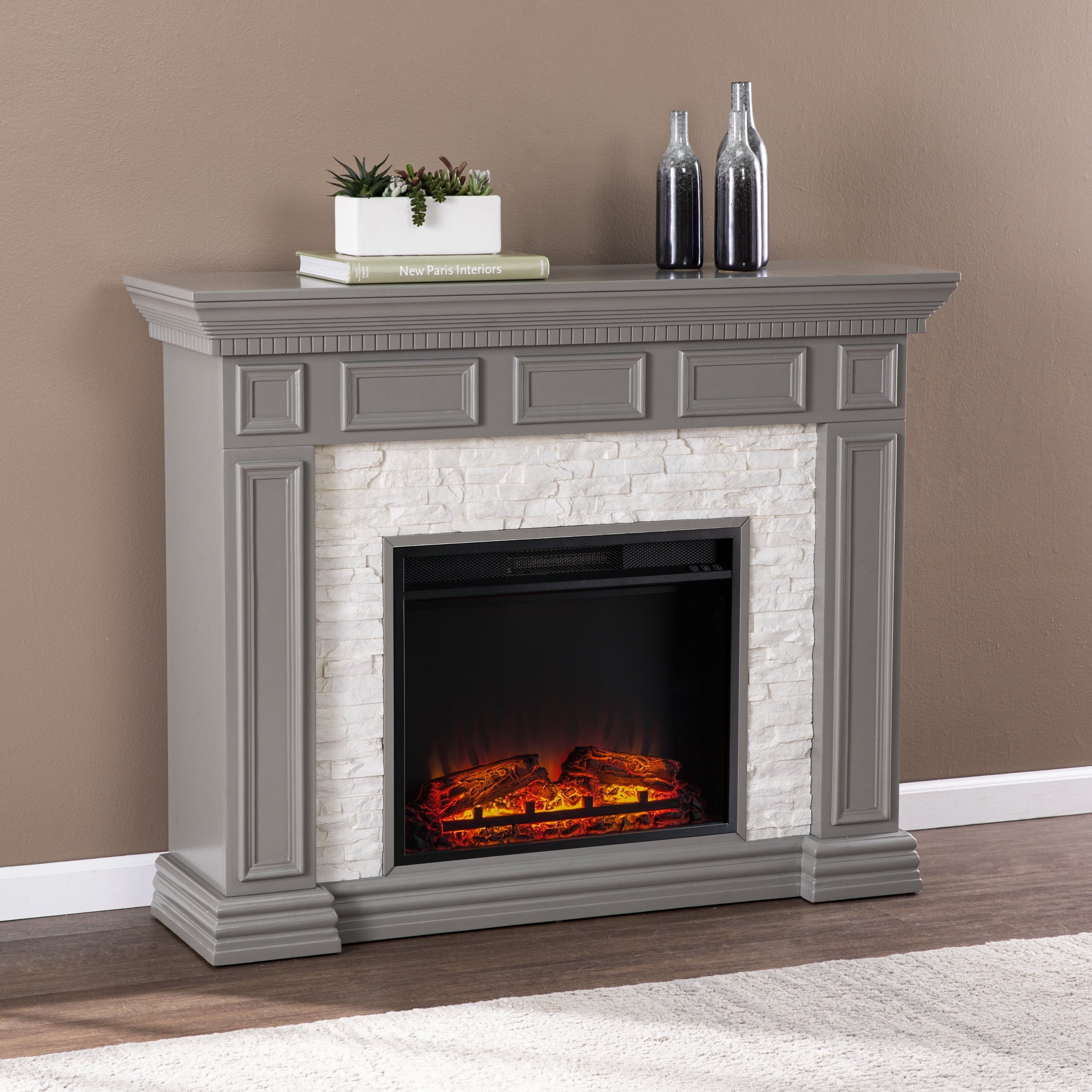 Sei Dazairee Traditional style Faux Stone Electric Fireplace in Gray W/ gray faux stone finish