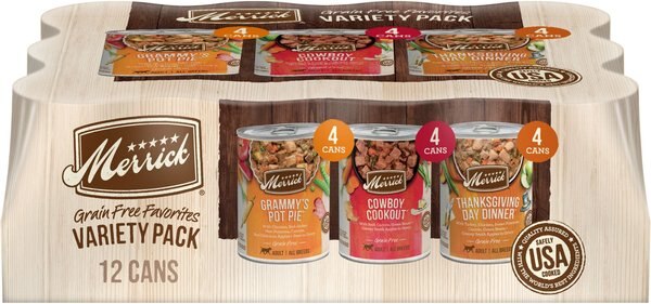 Merrick Favorites Recipes Variety Pack Grain-Free Wet Dog Food， 12.7-oz can， case of 12