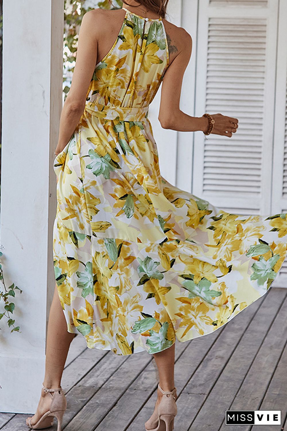 Halter Tie Waist Floral Print Dress Wholesale