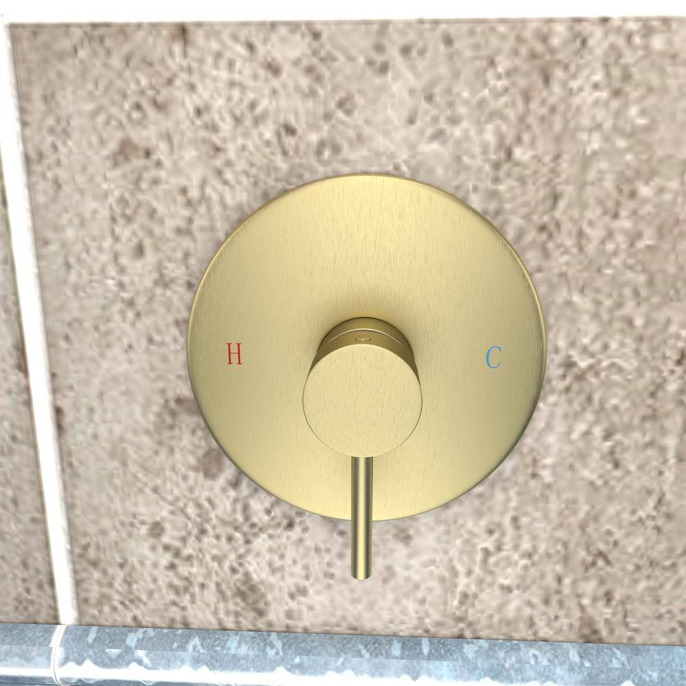 Aosspy 1-Spray Patterns with 1.5 GPM 7.87 in. Wall Mount Round Fixed Shower Head with Adjustable Temperature Flow in Gold AS-0727