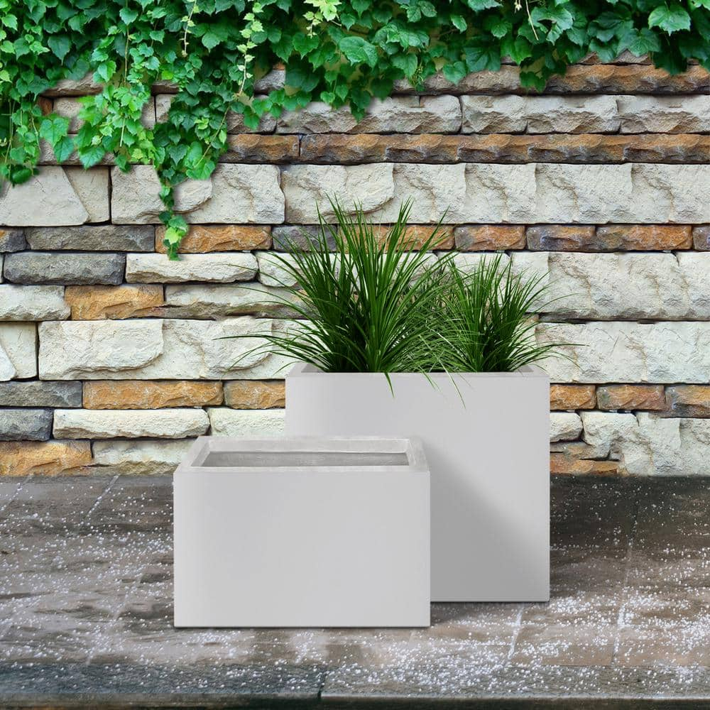 KANTE 24 in. and 20 in. L Rectangular Lightweight Pure White Concrete Metal Planters with Drainage Hole (Set of 2) RF0146SA-C80011