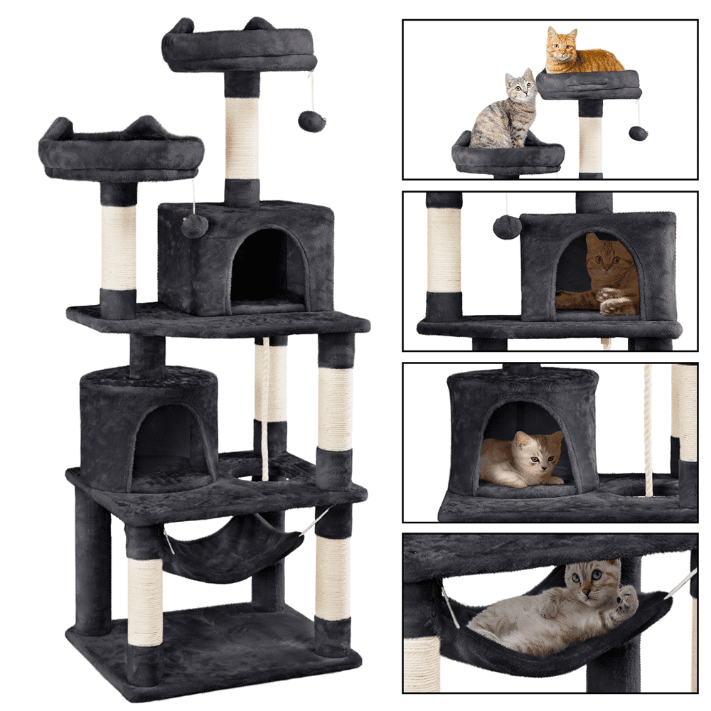 SMILE MART 62.2" Double Condos Cat Tree and Scratching Post Tower, Black