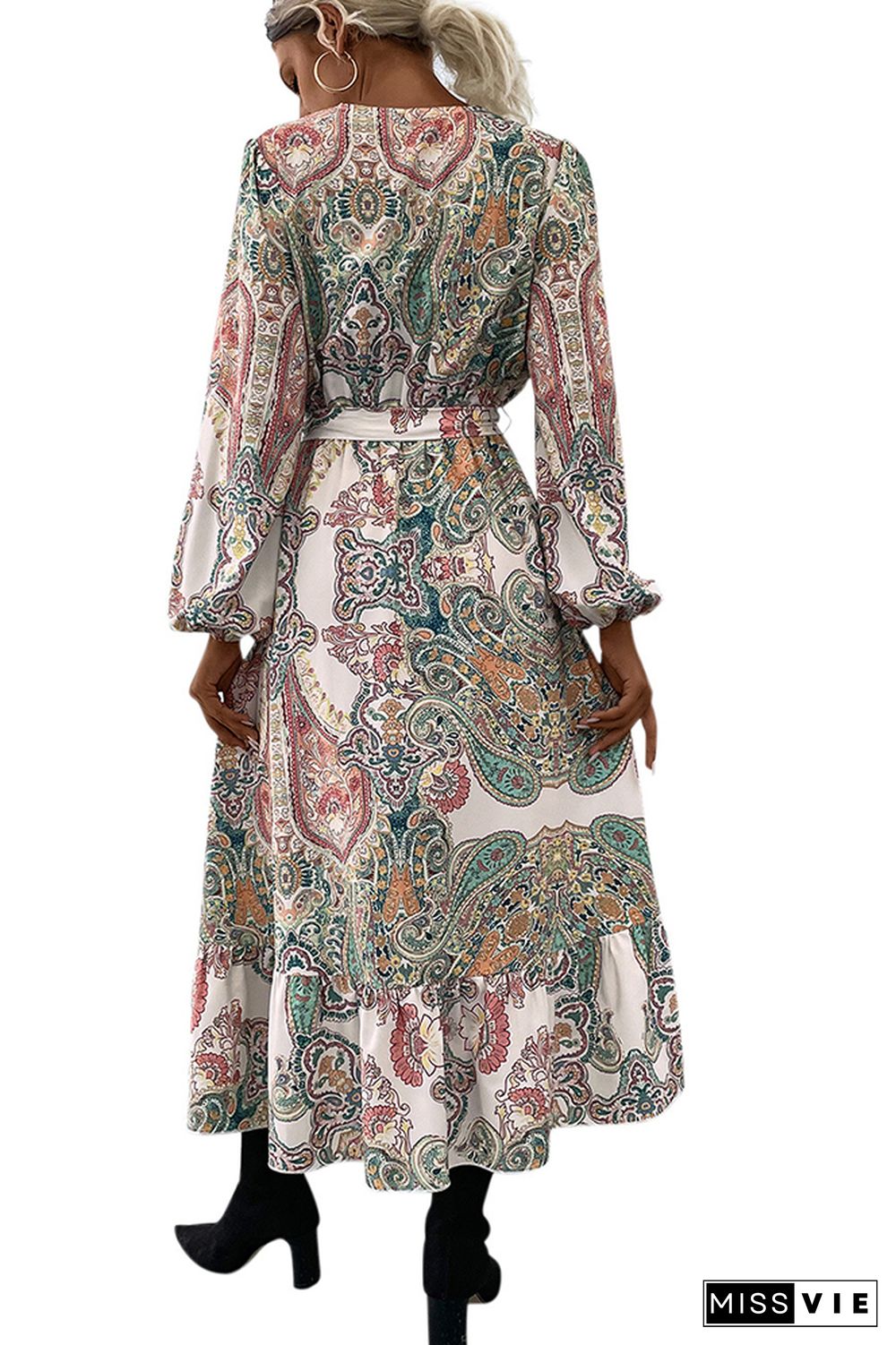 Vintage Ethnic Print Long Puff Sleeve Ruffle Dress