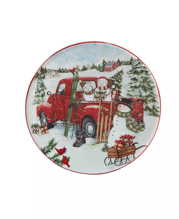 Certified International Red Truck Snowman 4 Piece Canape Plate Set