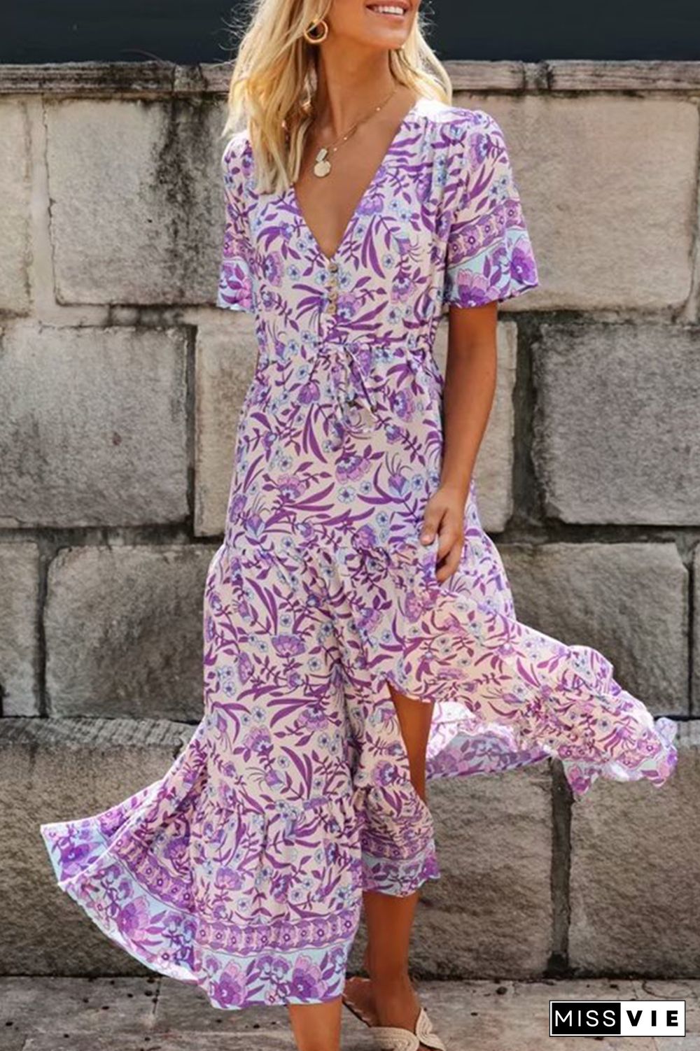 Purple Floral V Neck A Line Dresses