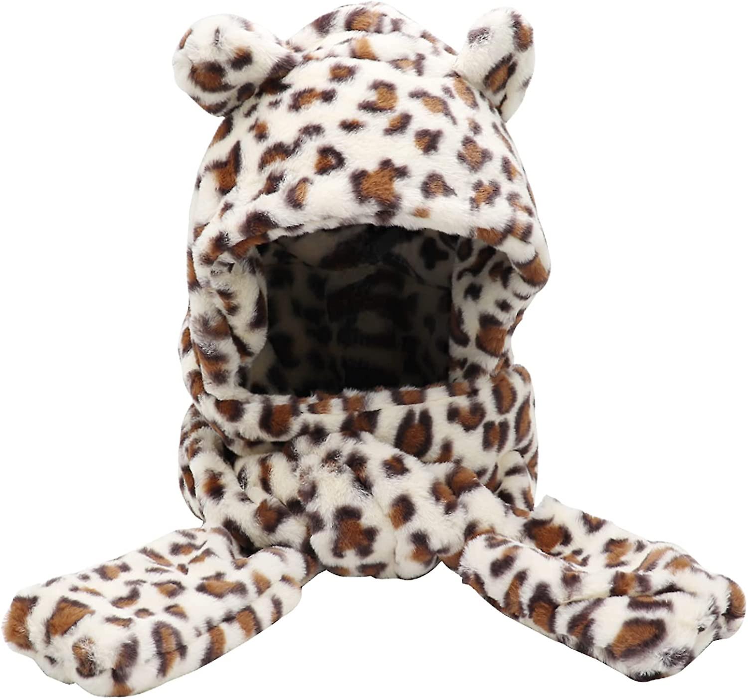 Winter Faux Fur Hood Hat Scarf And Gloves 3 In 1 Hooded Scarf For Women Men Leopard Print Beige -