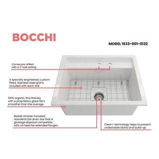 BOCCHI Baveno Uno White Fireclay 27 in. Single Bowl UndermountDrop-In 2-hole Kitchen Sink wIntegrated WS and Acc. 1633-001-0132