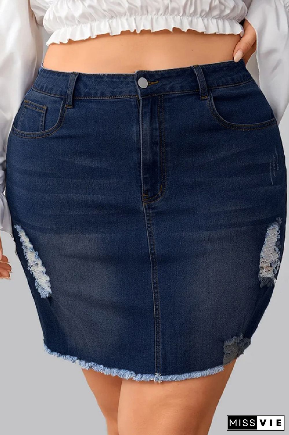 Deep Blue Casual Solid Ripped Plus Size High Waist Denim Skirt