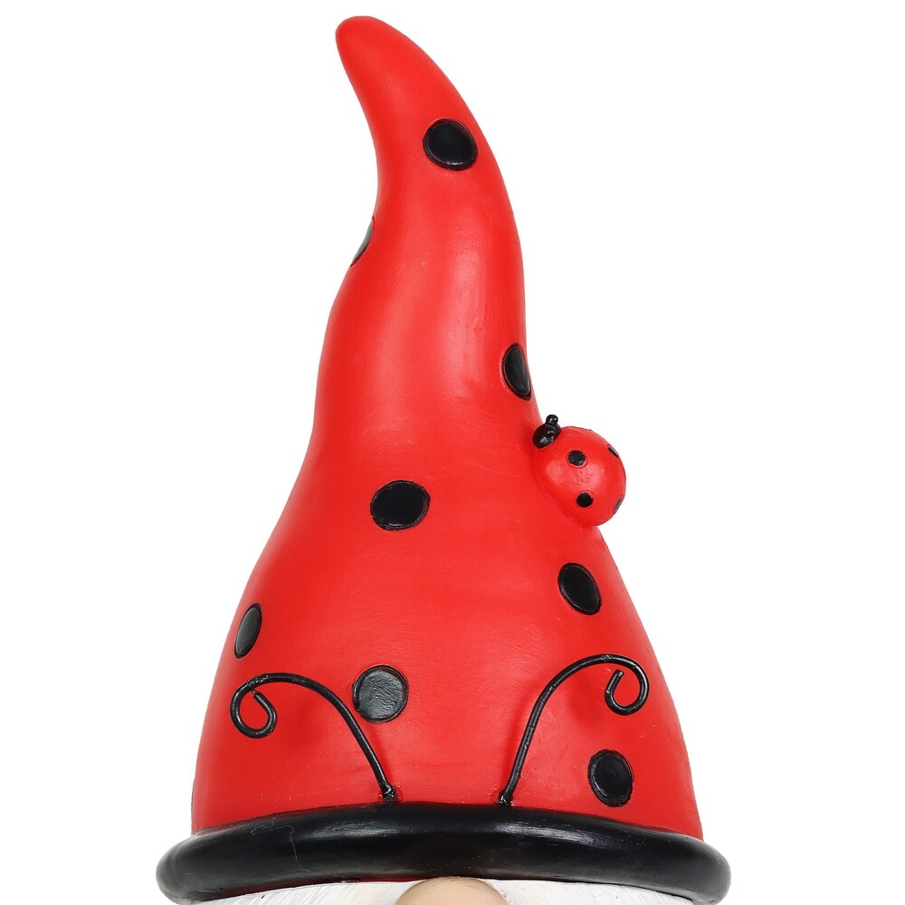 Exhart Solar Ladybug Hat Lady Gnome Statue with Pink Flower  5 by 12.5 Inches