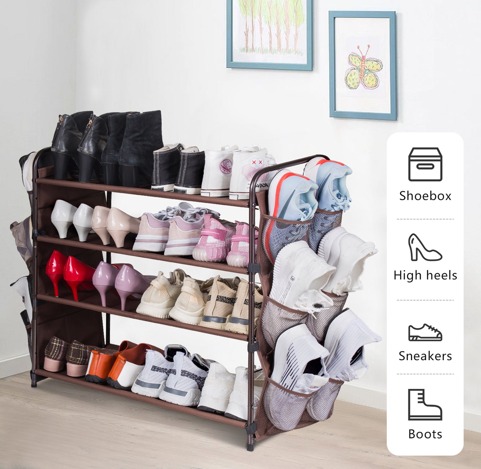 MISSLO 4 Tier Metal Shoe Rack for Closet Entryway 24 Pairs Stackable Shoes Shelf Storage Organizer Mesh Pockets ， Brown