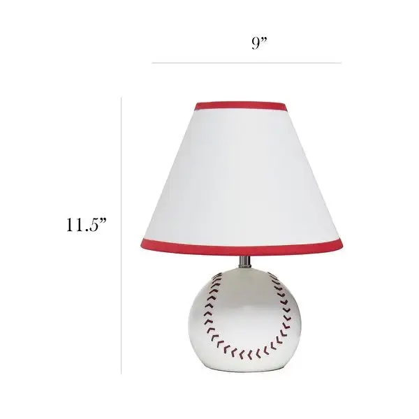 Simple Designs Athletic Sports Baseball Base Ceramic Bedside Table Desk Lamp with White Empire Fabric Shade with Red Trim