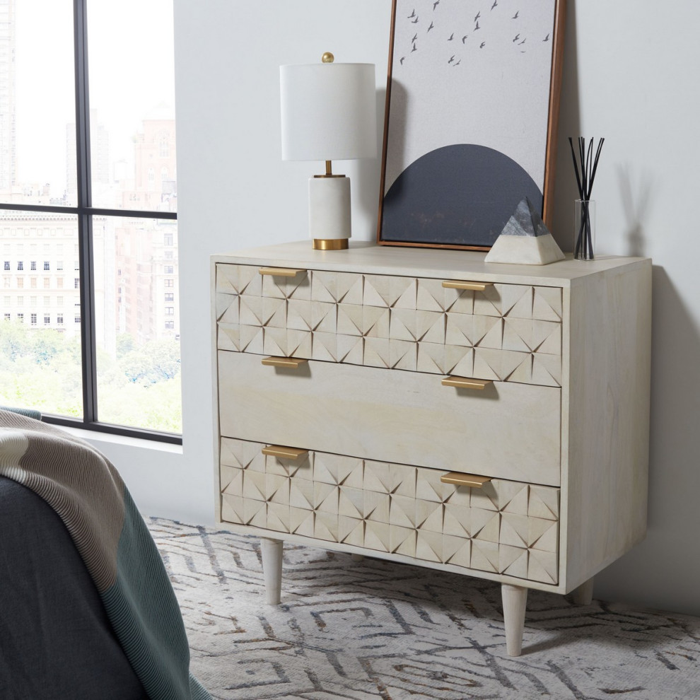 Miller 3 Drawer Chest Whitewash/ Brass   Midcentury   Accent Chests And Cabinets   by AED Luxury Home Decor  Houzz