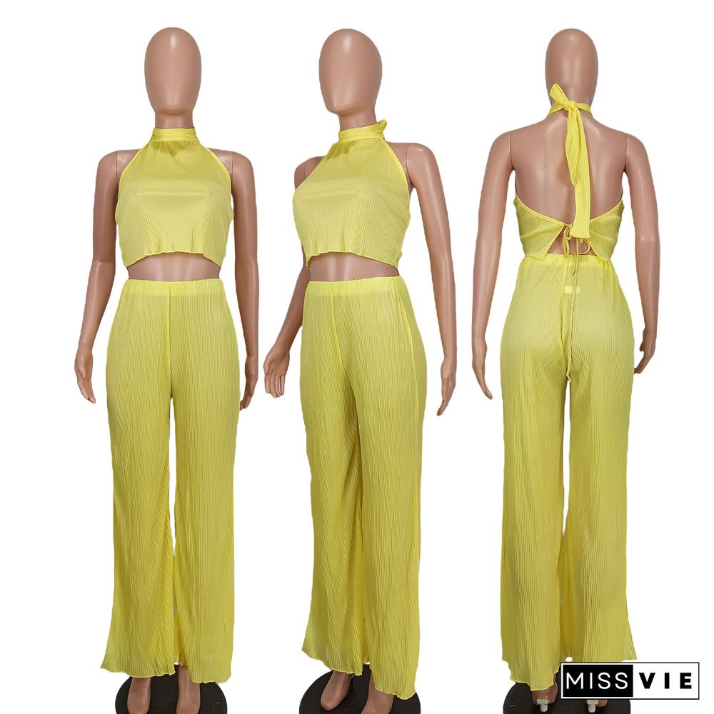 Halter Backless Crop Tops Wide Leg Pants Set