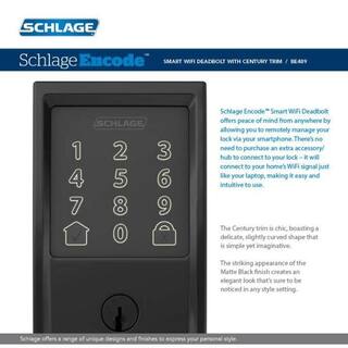 Schlage Century Encode Smart Wifi Deadbolt Door Lock with Alarm and Latitude Lever Handleset in Matte Black FE489CEN622LAT