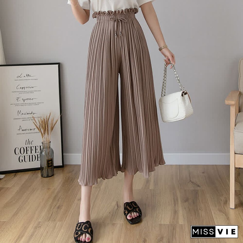 High Waist Chiffon Wide Leg Pleated Casual Pants