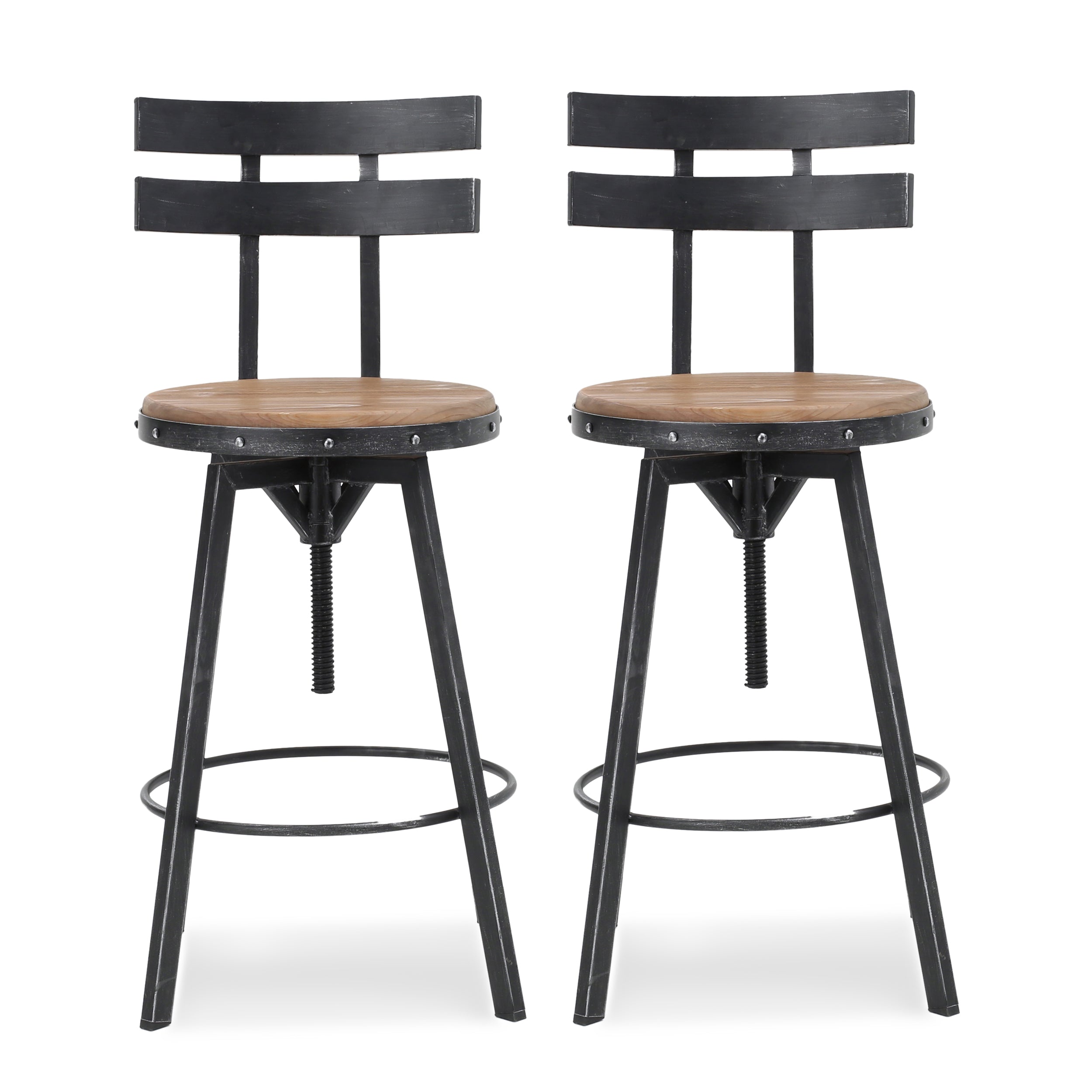 Vernon Modern Industrial Firwood Adjustable Height Swivel Barstools, Set of 2, Antique and Black Brushed Silver