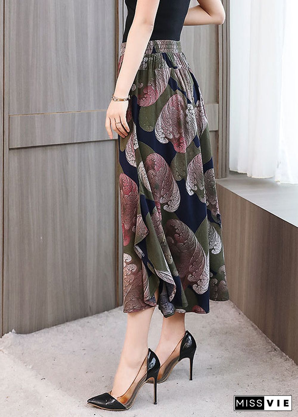 Italian Colorblock Elastic Waist Pockets Print Chiffon Wide Leg Pant Skirt Summer