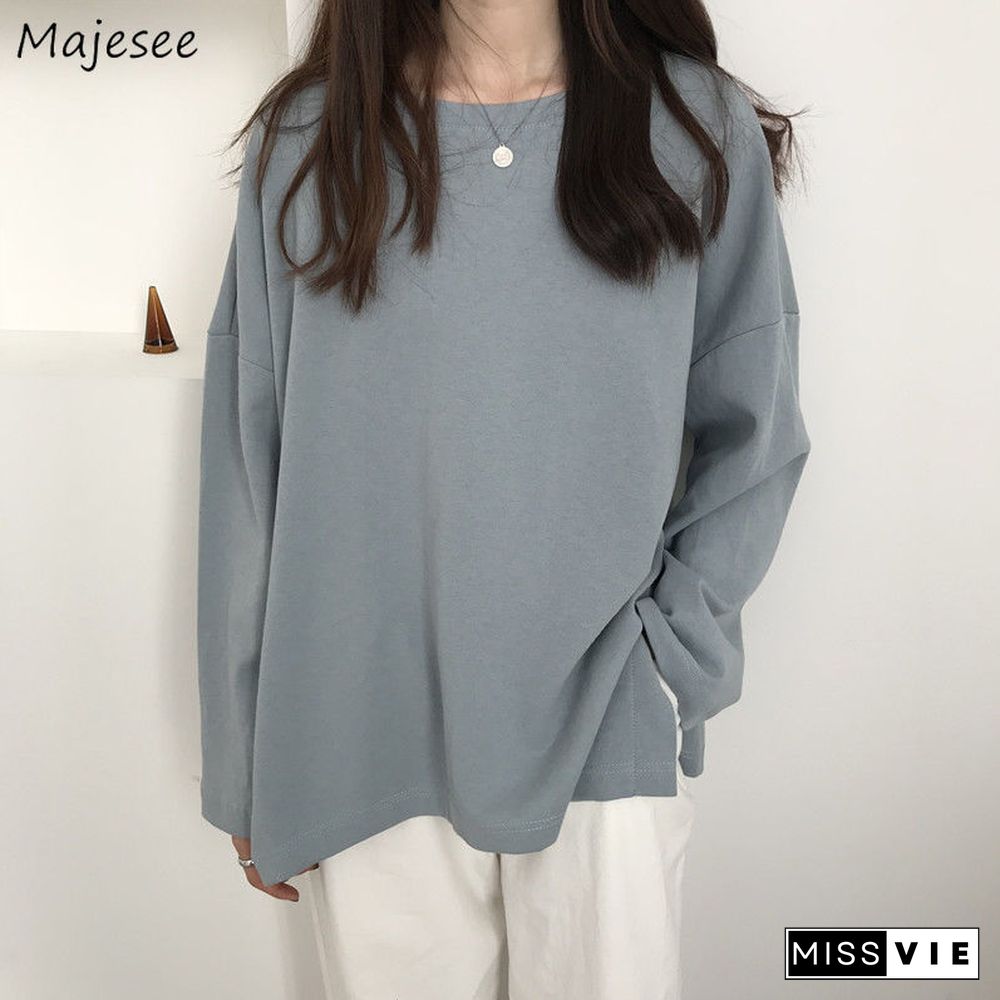 T-Shirts Long Sleeve Solid Tees O-Neck Slit Side Popular 2Xl Loose Lazy Daily All-Match Kpop Womens Ulzzang Ins Hipster Basic