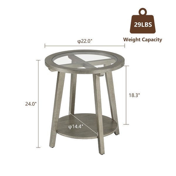 COSIEST Modern Wood Antique Silver 2-Tier Round End Table with Tempered Glass Top - 22