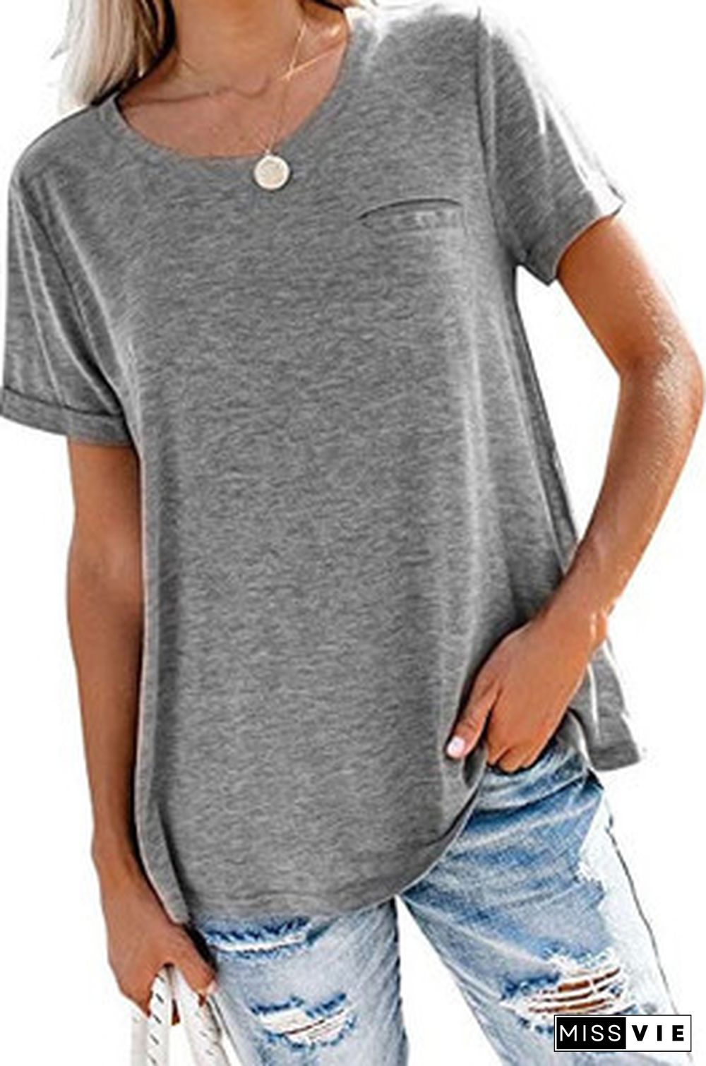 Gray Round Neck Pocket T-shirts